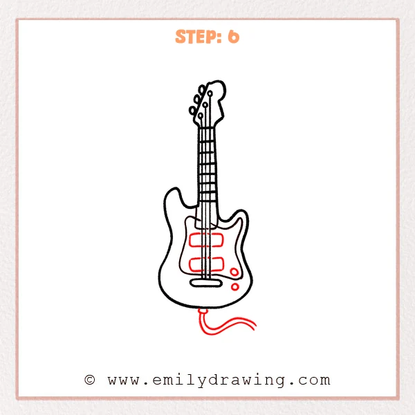 how to draw an electric guitar - Step 6 of an easy electric guitar drawing adds two pickups on the pickguard, two control knobs, and a cable plugged into the bottom of the guitar.